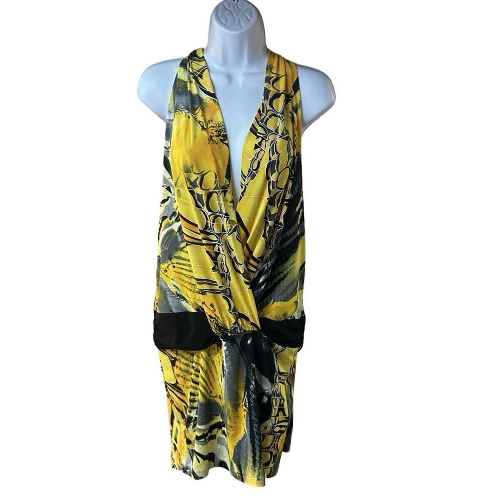 Vintage Y2K Cache Dress L Yellow Black Surplice Wrap Bodycon Clubwear Party